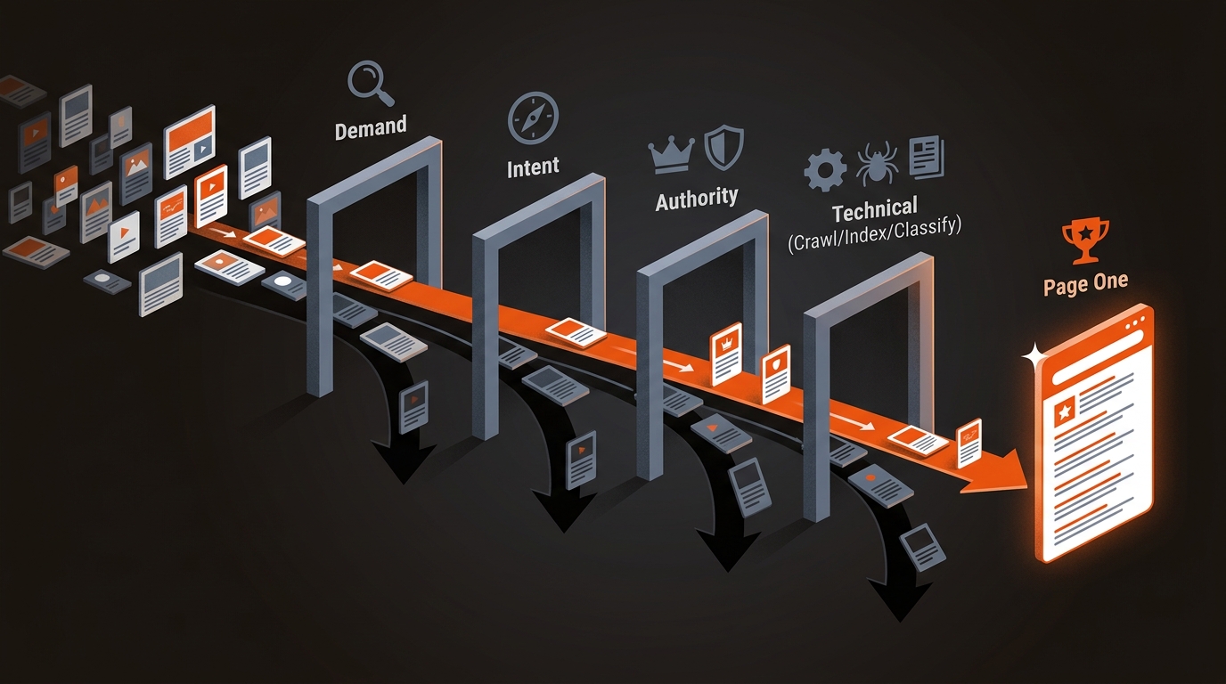 Hero diagram showing content tiles passing sequential gates for demand, intent, authority, and technical crawl/index; most drop away while a highlighted path reaches a bright page-one result.