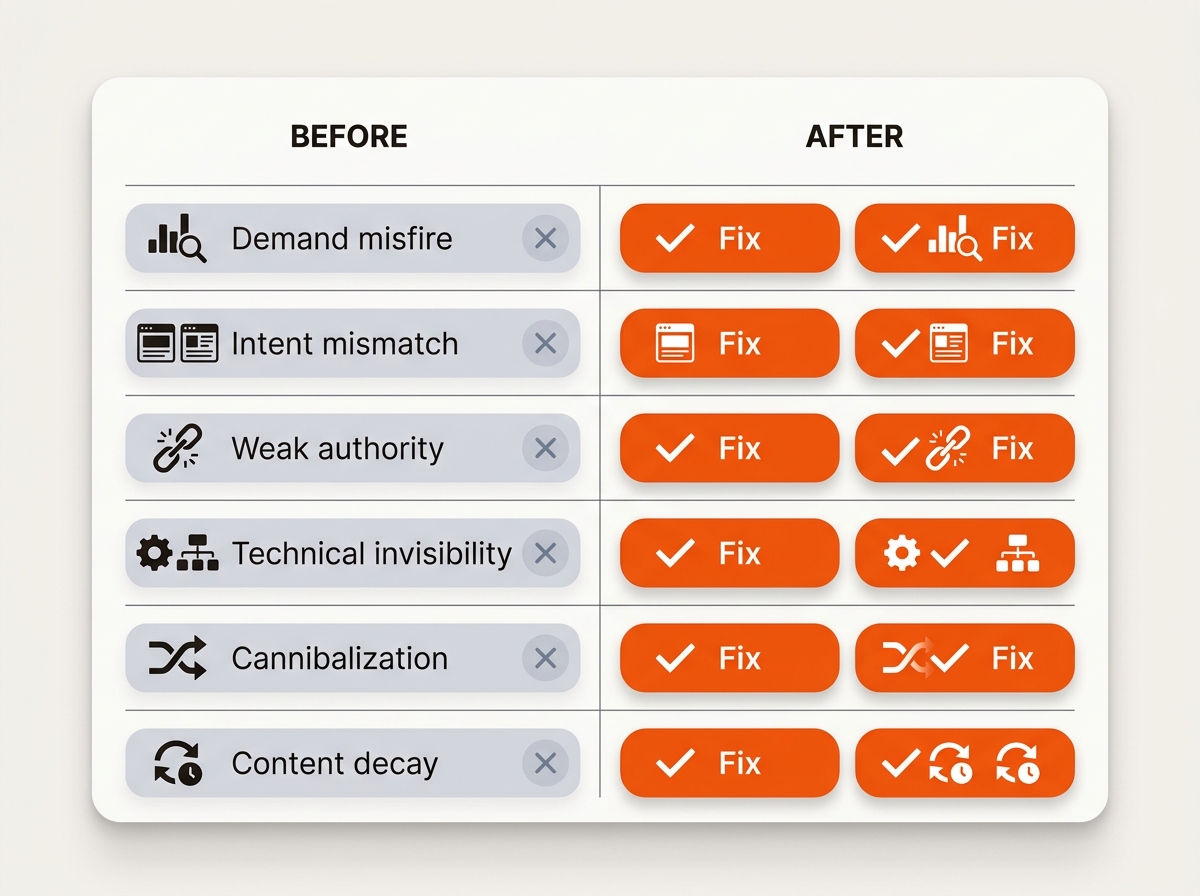 Side-by-side before/after comparison card with six rows, showing muted problem states on the left and two highlighted fix chips with checkmarks on the right for each zero-traffic cause.