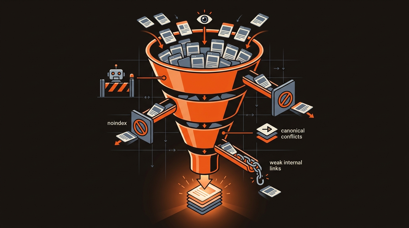 Editorial vector illustration of a Google indexing funnel with pages flowing through and being filtered by robots.txt, noindex, canonical conflicts, and weak internal links, ending in a glowing stack of indexed pages.