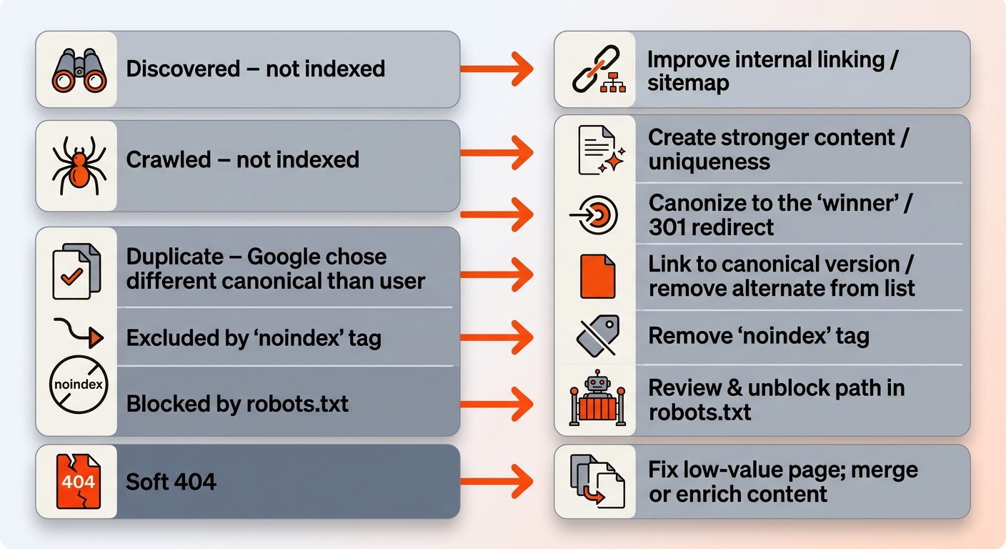 Grid of paired icon cards mapping Google Search Console indexing statuses to their corresponding fixes, linked with orange arrows in a clean brand-styled vector layout.
