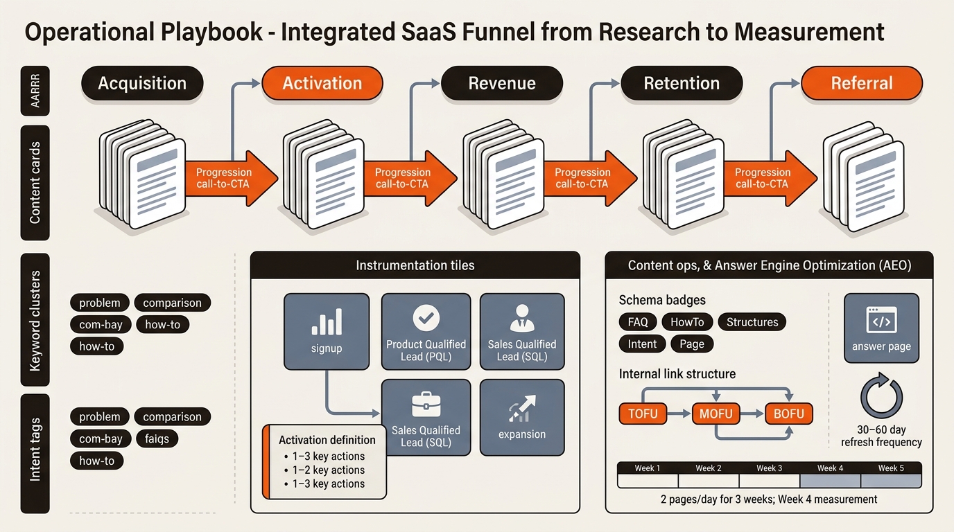 Operational SaaS funnel playbook diagram showing AARRR stages mapped to keyword research, analytics and product instrumentation, schema-driven content with internal links, AEO answer pages, and a 30–60 day refresh loop in brand colors.