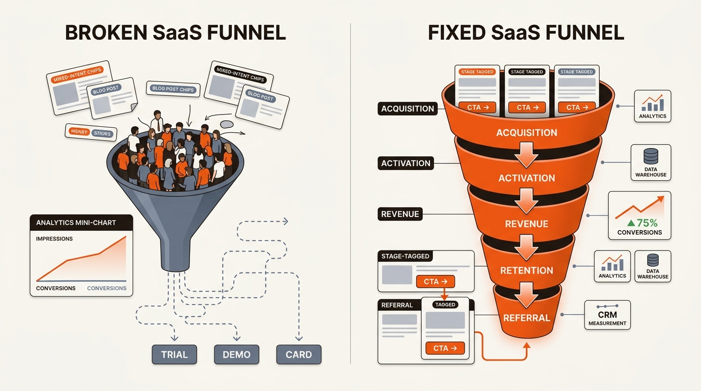 Split-screen comparison of a broken SaaS funnel with rising impressions but flat conversions versus a stage-instrumented AARRR funnel with clear CTA-driven progression, using orange, near-black, and slate-blue brand colors.