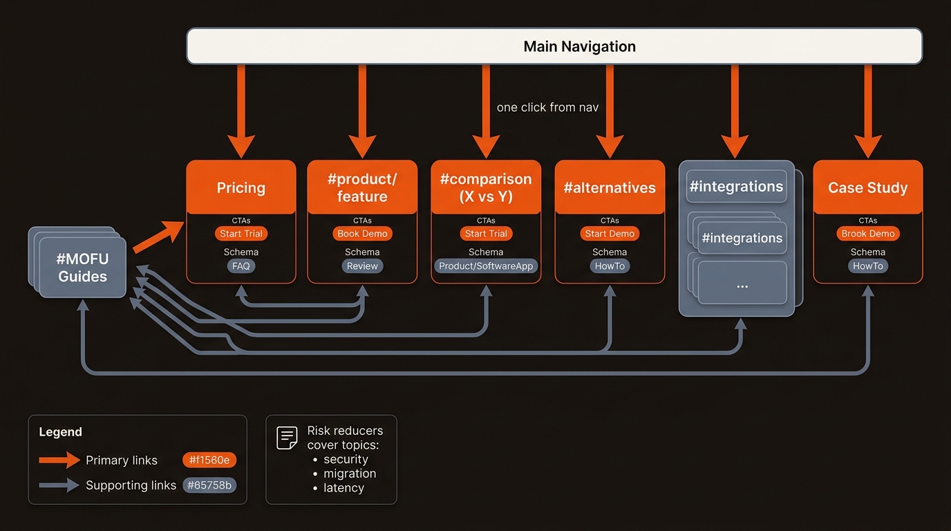 Information architecture diagram showing navigation linking directly to BoFu pages—pricing, product/feature, comparisons, alternatives, integrations, and case studies—with internal link arrows from MOFU guides and small CTA/schema tags, in orange, charcoal, and slate-blue brand colors.