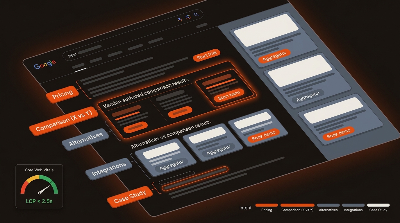 Stylized search results page with color-coded overlays marking pricing, comparison (vs), alternatives, integrations, and case study results, plus aggregator cards and CTA badges, in a bold orange, charcoal, and slate-blue brand palette.