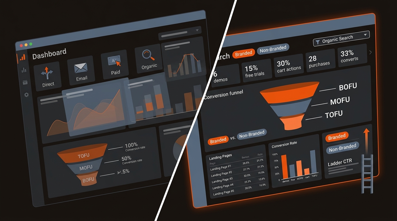 Split-screen analytics illustration: a noisy, mixed-channel conversion view on the left and a clean, organic-only segmented dashboard on the right showing separate events and BOFU/MOFU/TOFU with branded vs non-branded filters in orange, charcoal, and slate blue-gray.