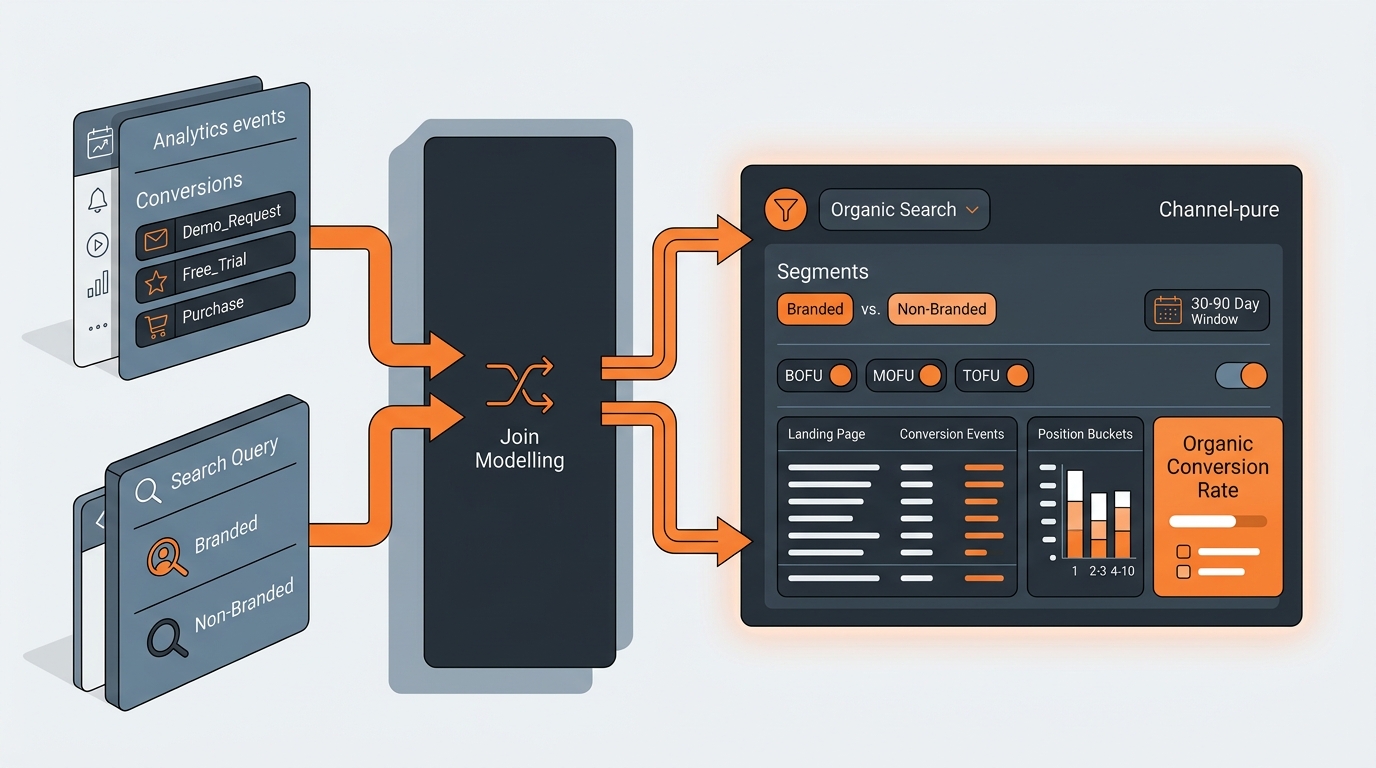 Isometric blueprint of a measurement workflow: analytics events and search queries merge into a model and output an organic-only dashboard segmented by branded/non-branded, BOFU/MOFU/TOFU, and position buckets, with a 30–90 day window indicator in orange, charcoal, and slate blue-gray.