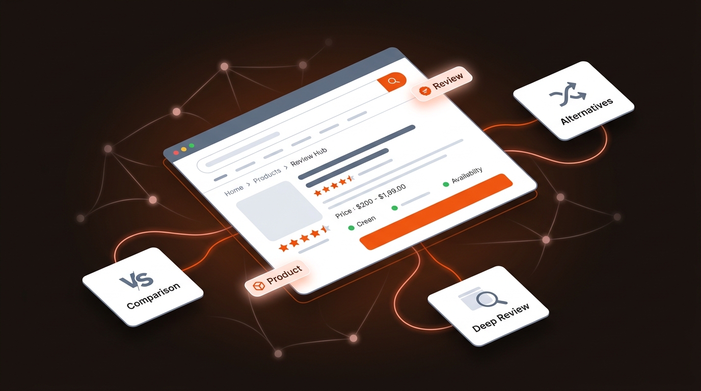 Stylized hero showing a central review hub result with stars, price cues, and internal links branching to comparison and alternatives pages on a dark brand-themed background.