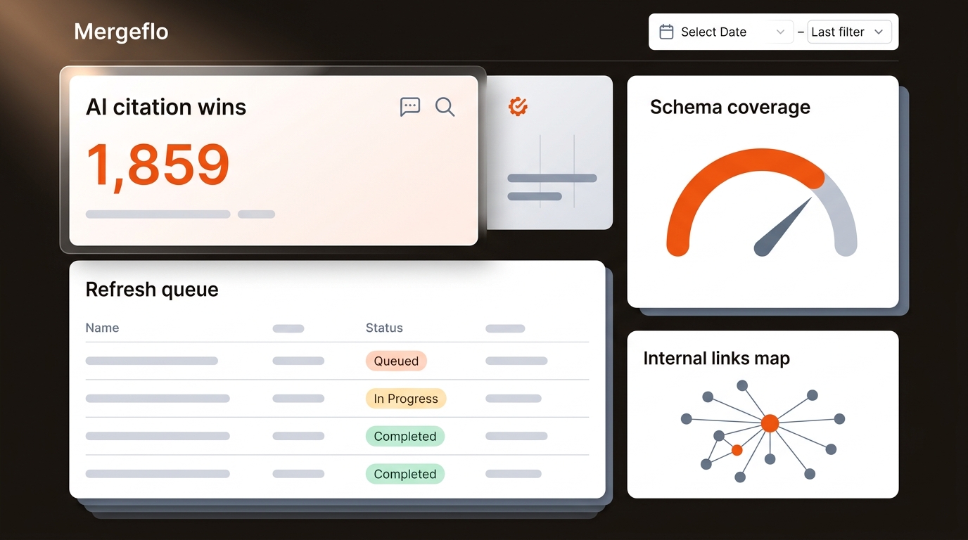 Dark-themed analytics dashboard mock showing AI citation wins, schema coverage gauge, a refresh queue, and an internal links mini-map in brand colors.