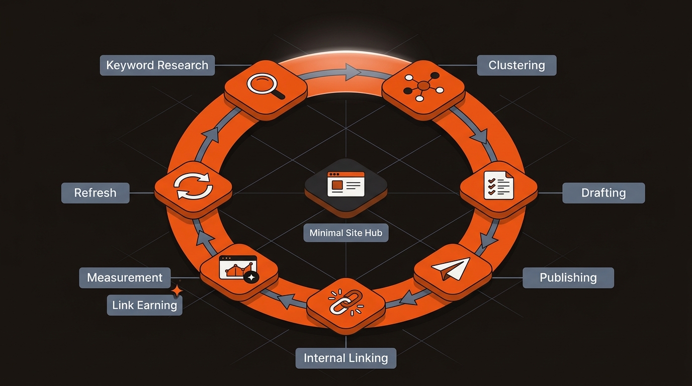 Circular flowchart of the affiliate content cycle from keywords to clusters, publish, interlink, measure, and refresh in brand colors.