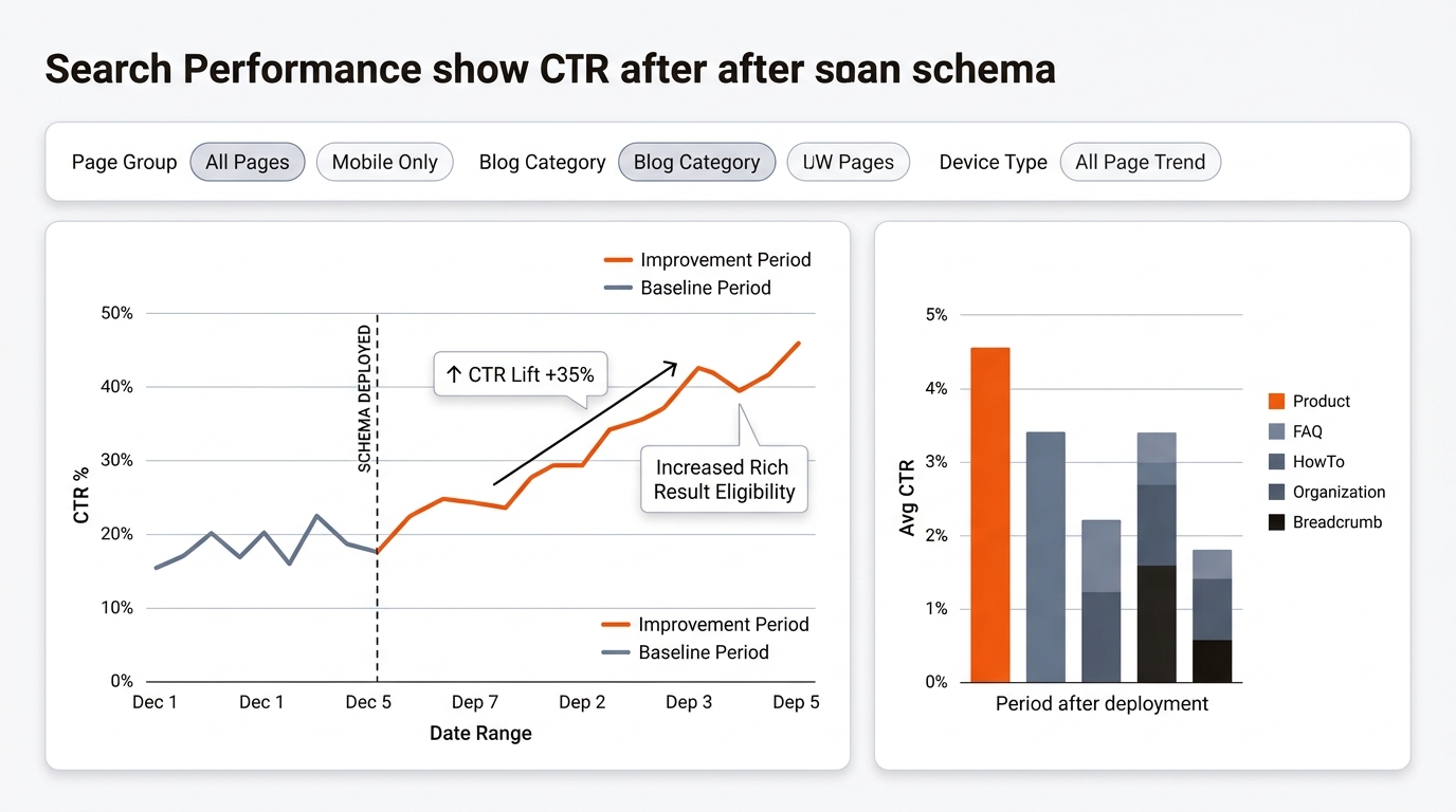 Stylized search performance dashboard: a CTR-over-time line chart with a deployment marker and a comparative bar chart by schema types (Product, FAQ, HowTo, Organization, Breadcrumb), with orange highlights indicating CTR lift.