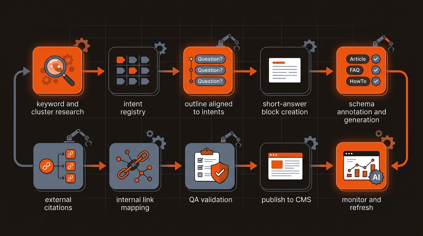 Left-to-right AEO pipeline showing research, intent registry, question-shaped outline, short-answer creation, schema, external and internal links, QA, publish to CMS, and monitor-and-refresh with AI citation tracking.