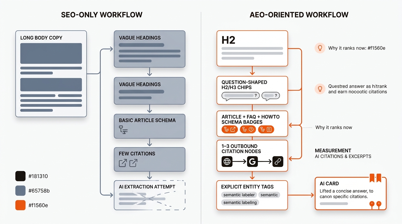 Side-by-side workflow diagram: a muted SEO-only lane with vague steps and broken AI extraction versus a highlighted AEO lane with short answers, question headings, rich schema, citations, and an AI card output.