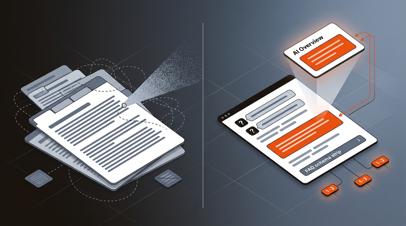 Split-screen hero: on the left, a messy, unstructured page fails AI extraction; on the right, a structured page with a clear short answer, FAQ schema, and citations is cleanly lifted into an AI Overview card.