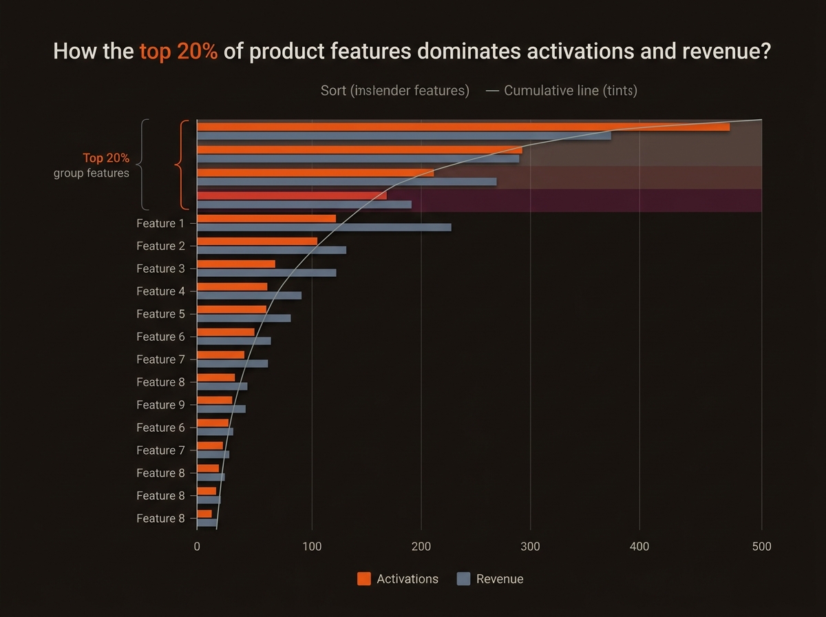 Grouped horizontal bar chart comparing product features by share of activations and revenue, with the top 20% features highlighted in orange dominating the totals against a dark background.