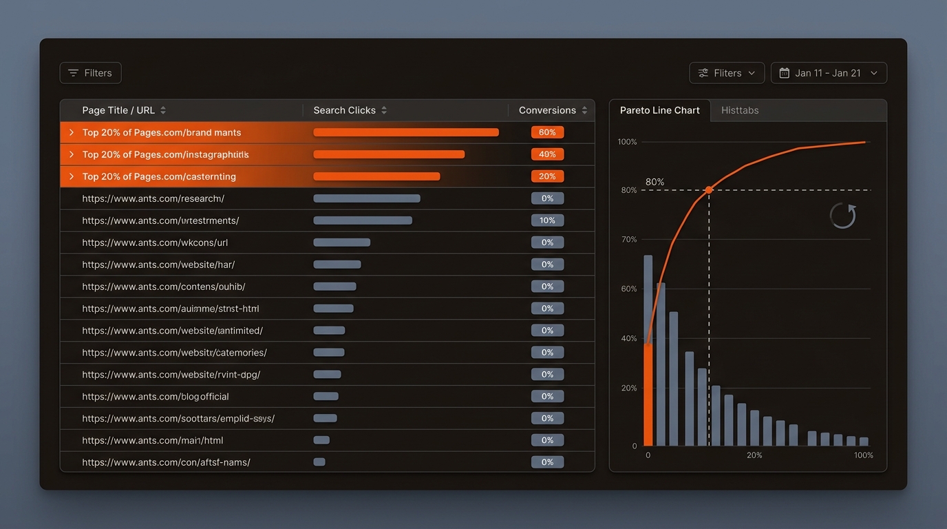 Hero illustration of a dark analytics dashboard stack-ranking website pages by search clicks and conversions, with the top 20% highlighted in bright orange and a Pareto curve showing most results concentrated in a few pages.