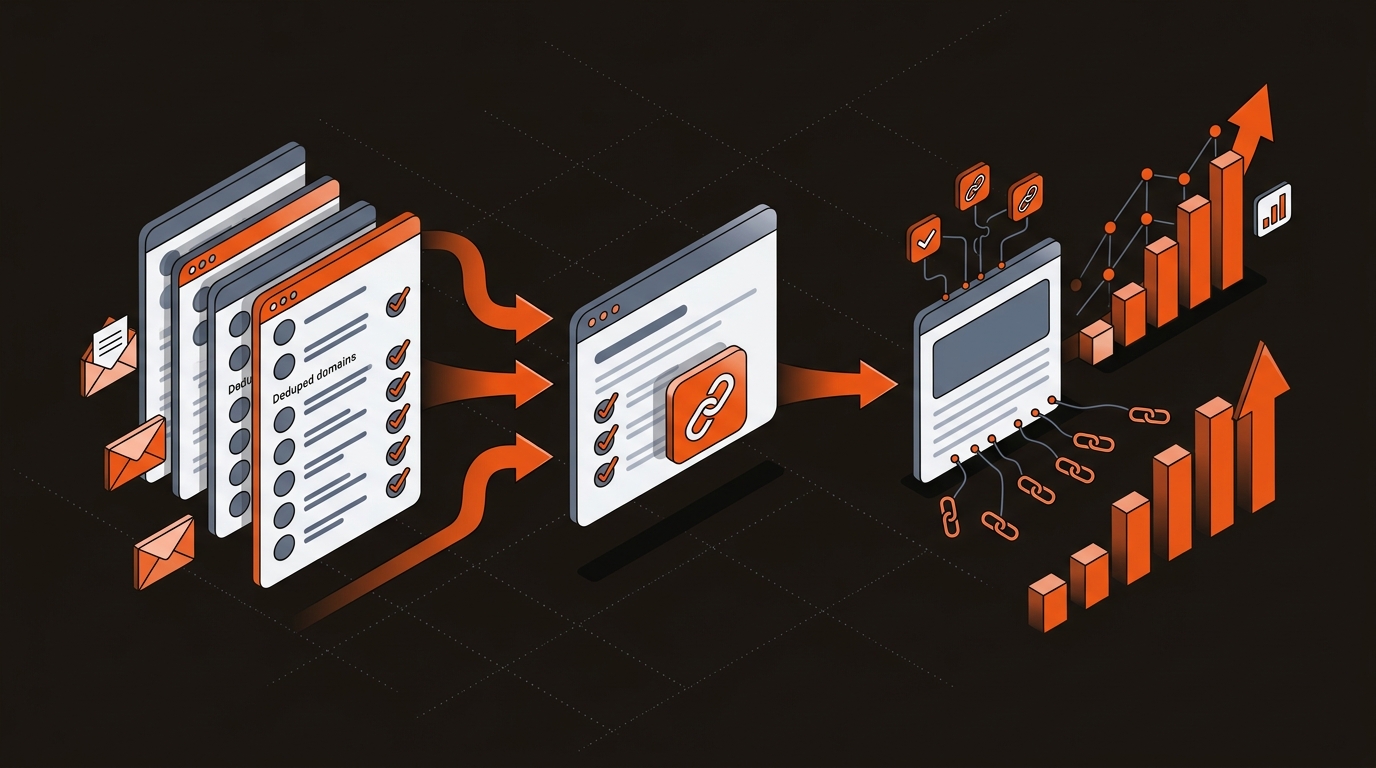 Isometric brand-colored funnel showing an outreach list flowing into vetted pitches, then publisher placements, ending in upward growth, on a dark background with orange and slate-blue accents.