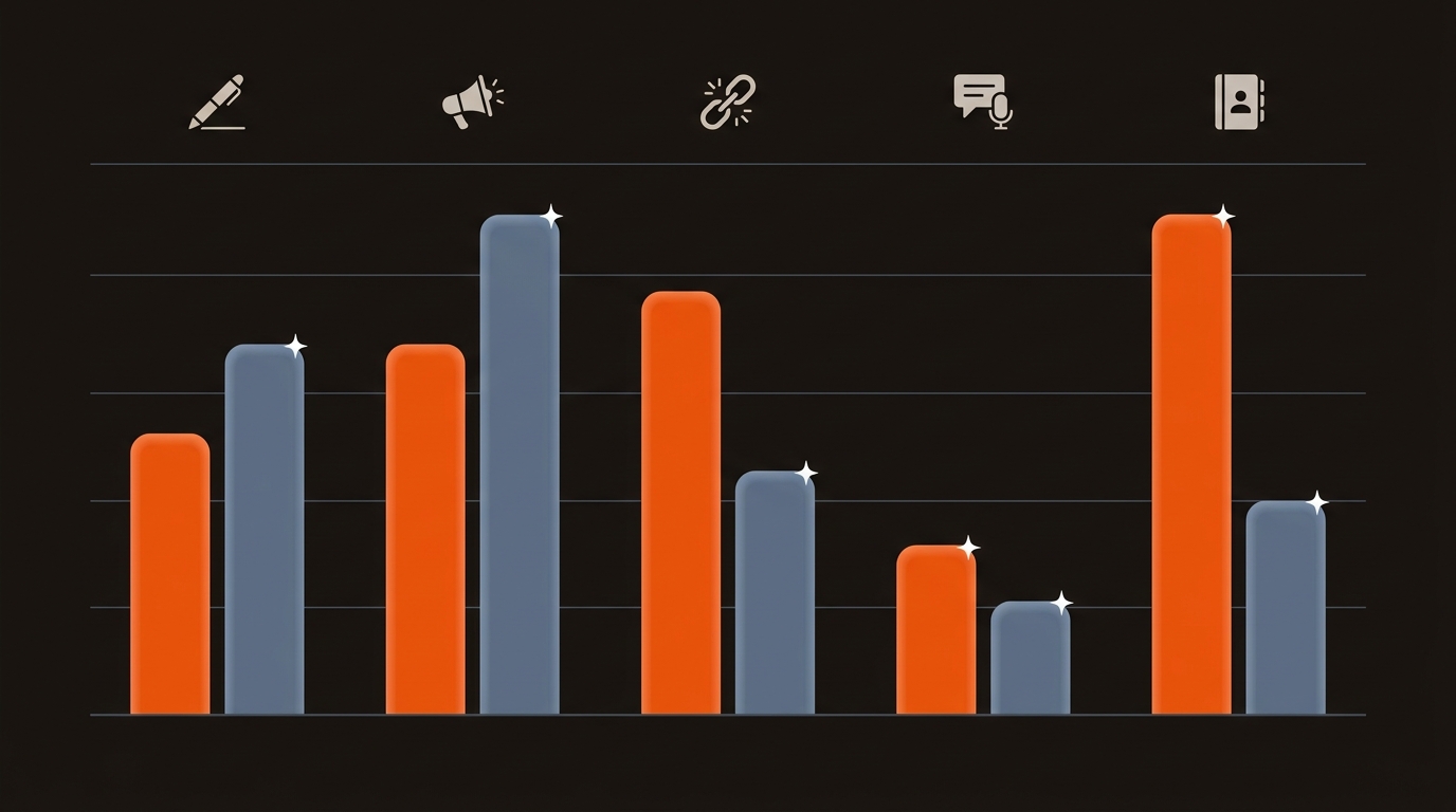 Grouped bar chart on a dark background comparing acceptance rates and median cost per link for five link-building tactics, with orange bars for acceptance and slate-blue bars for cost.