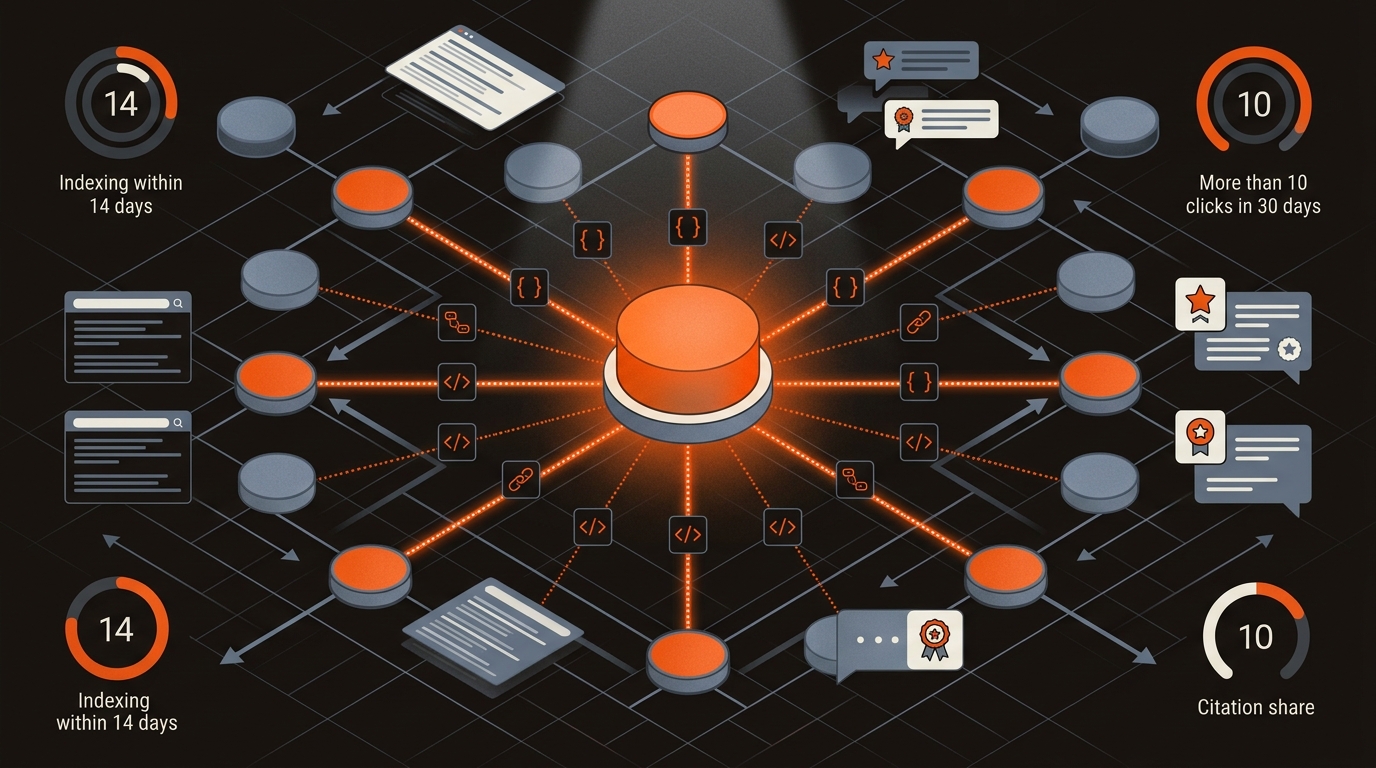 Blueprint-style diagram of a bright orange pillar page linked to multiple spokes with schema and internal-link icons, plus KPI dials for indexing, clicks, and AI citations on a dark background.