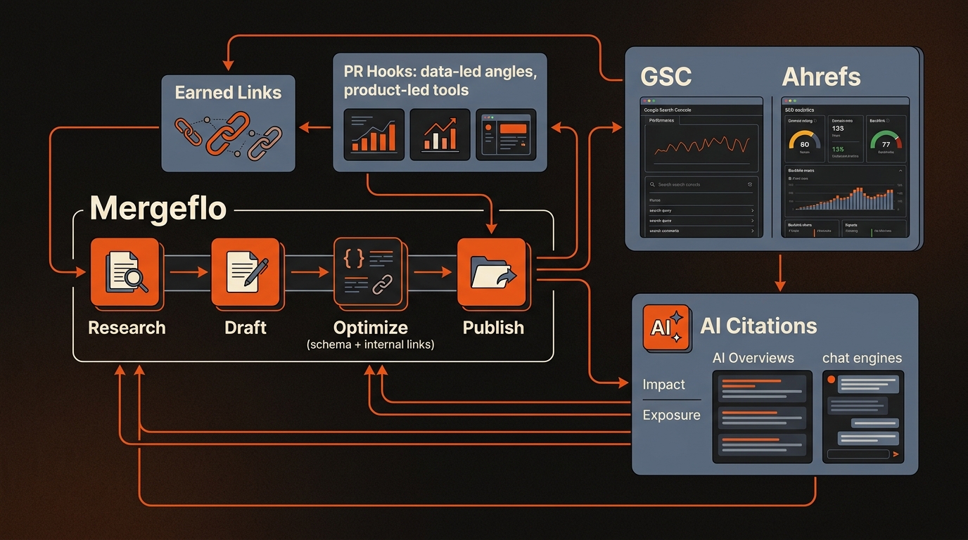 System diagram of the Mergeflo pipeline from research to publish, branching into PR hooks and earned links, with tracking panels labeled GSC and Ahrefs and a final AI citations module, using orange accents on a dark canvas.