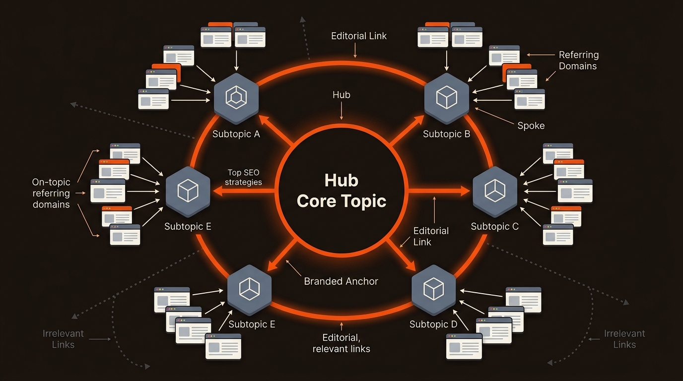 Radial topical cluster diagram with a central hub page connected to subtopic spokes and groups of on‑topic referring domains, highlighting editorial links in bright orange on a dark background.