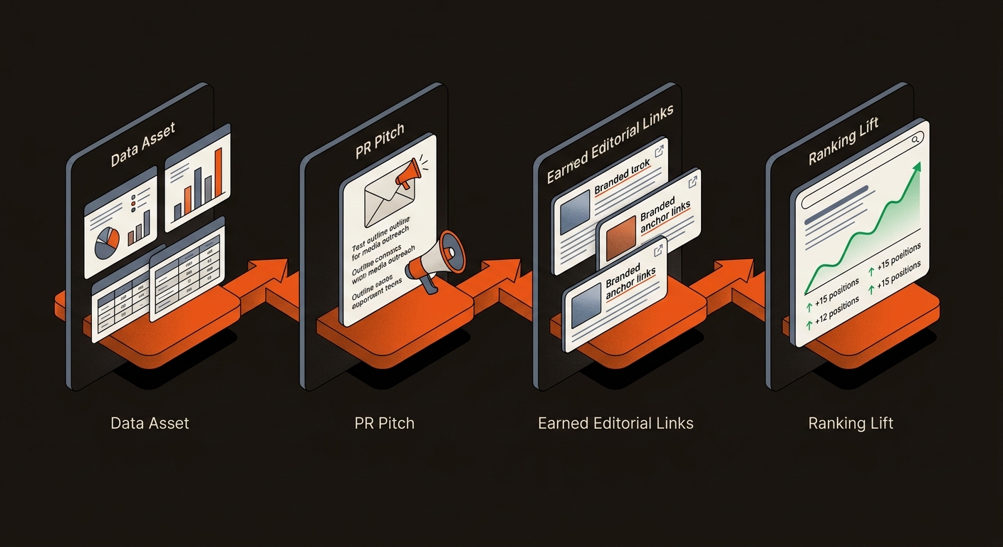 Four-step flow diagram from a data asset to a PR pitch, to earned editorial links, and finally to ranking lift, with a bold orange path guiding left to right on a dark background.