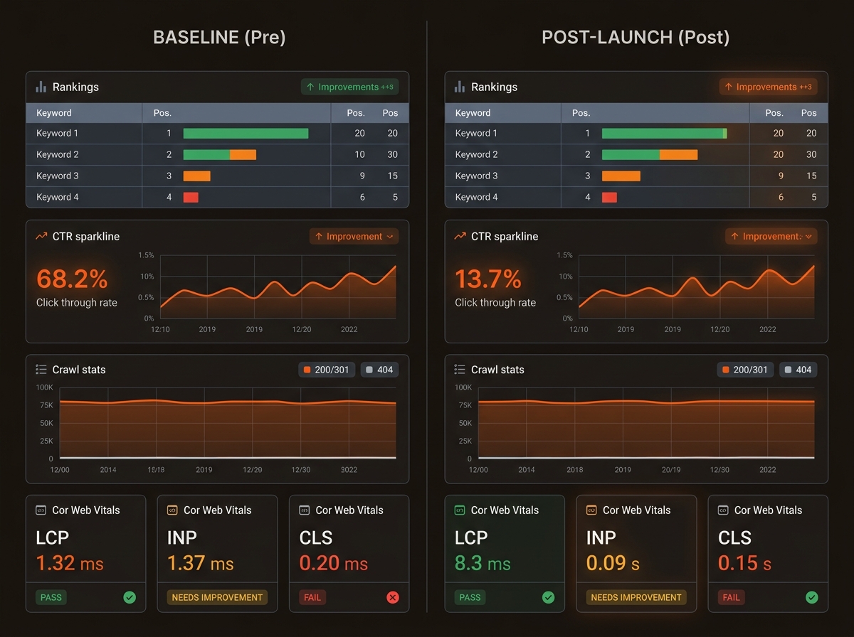 Side-by-side dashboard comparing pre- and post-launch rankings, crawl stats, and Core Web Vitals, with improvements highlighted.