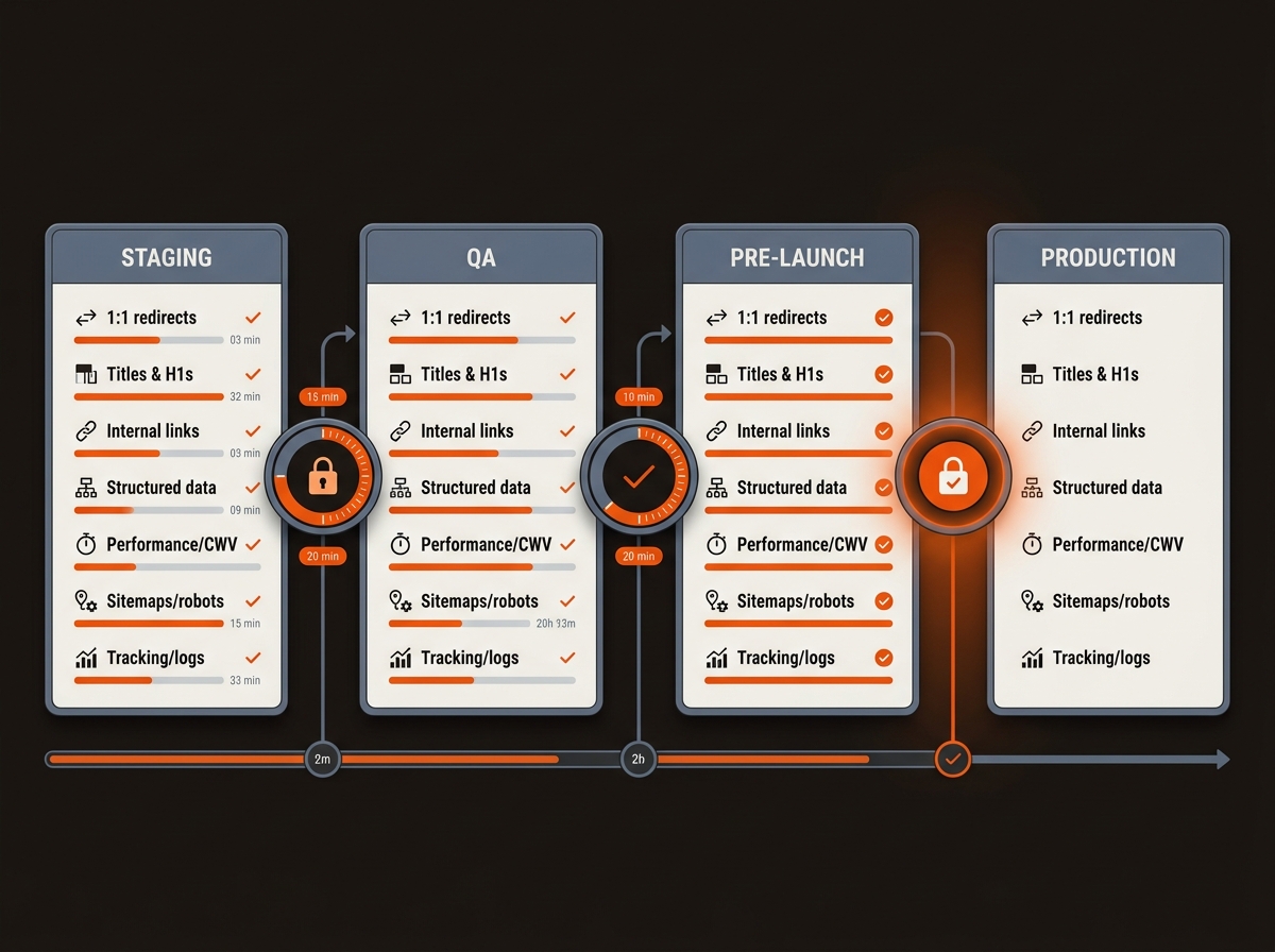 Horizontal staging-to-production pipeline with sign-off gates and an SEO migration checklist showing redirects, metadata, links, schema, performance, sitemaps, and tracking marked complete.