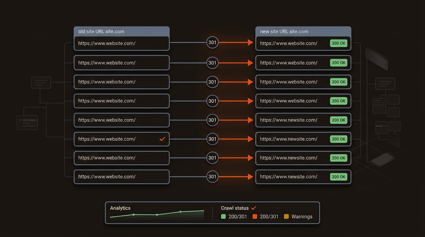 Diagram mapping old URLs to new URLs with 301 redirect arrows and 200 OK status checks, illustrating a safe SEO-friendly website redesign.