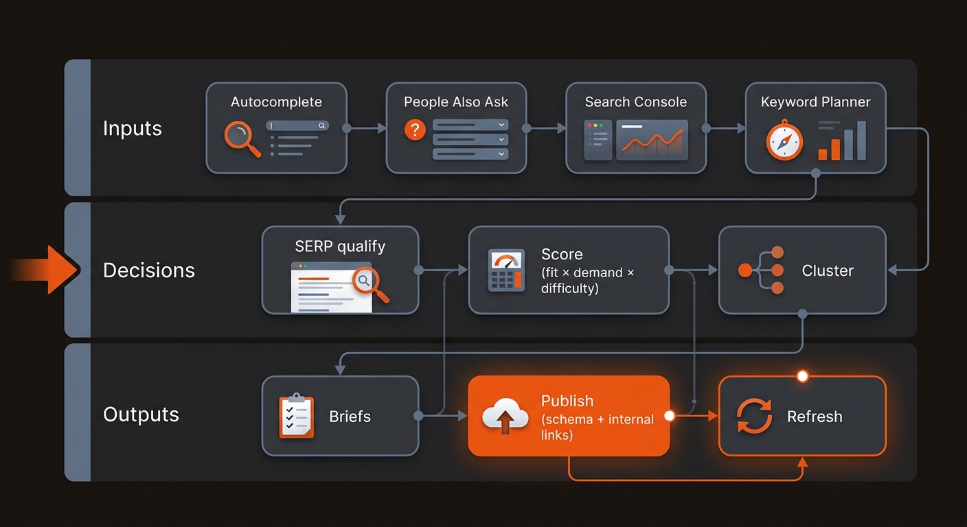 Three-lane swimlane diagram showing a pipeline from inputs (Autocomplete, PAA, Search Console, Keyword Planner) through decisions (SERP qualify, score, cluster) to outputs (briefs, publish with schema and internal links, refresh).