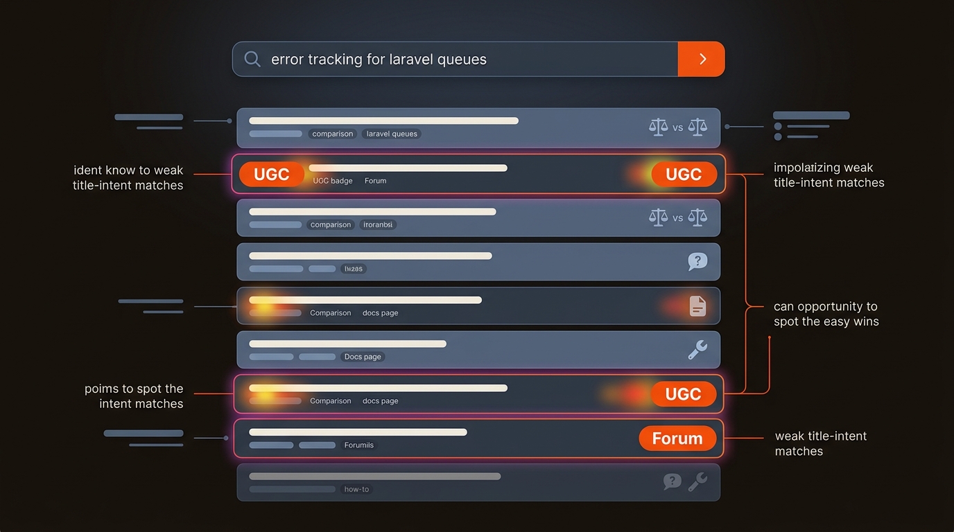 Featured illustration of a generic search results page with mixed intents and multiple UGC/forum results highlighted in orange, signaling low-competition long-tail opportunities.