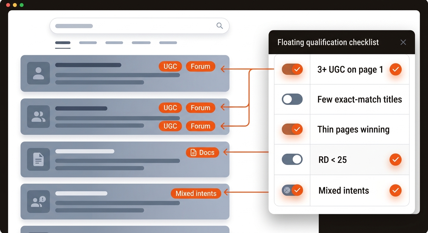Generic SERP with a qualification checklist overlay. Arrows and orange highlights indicate UGC results and other quick vetting signals like few exact-match titles and low referring domains.