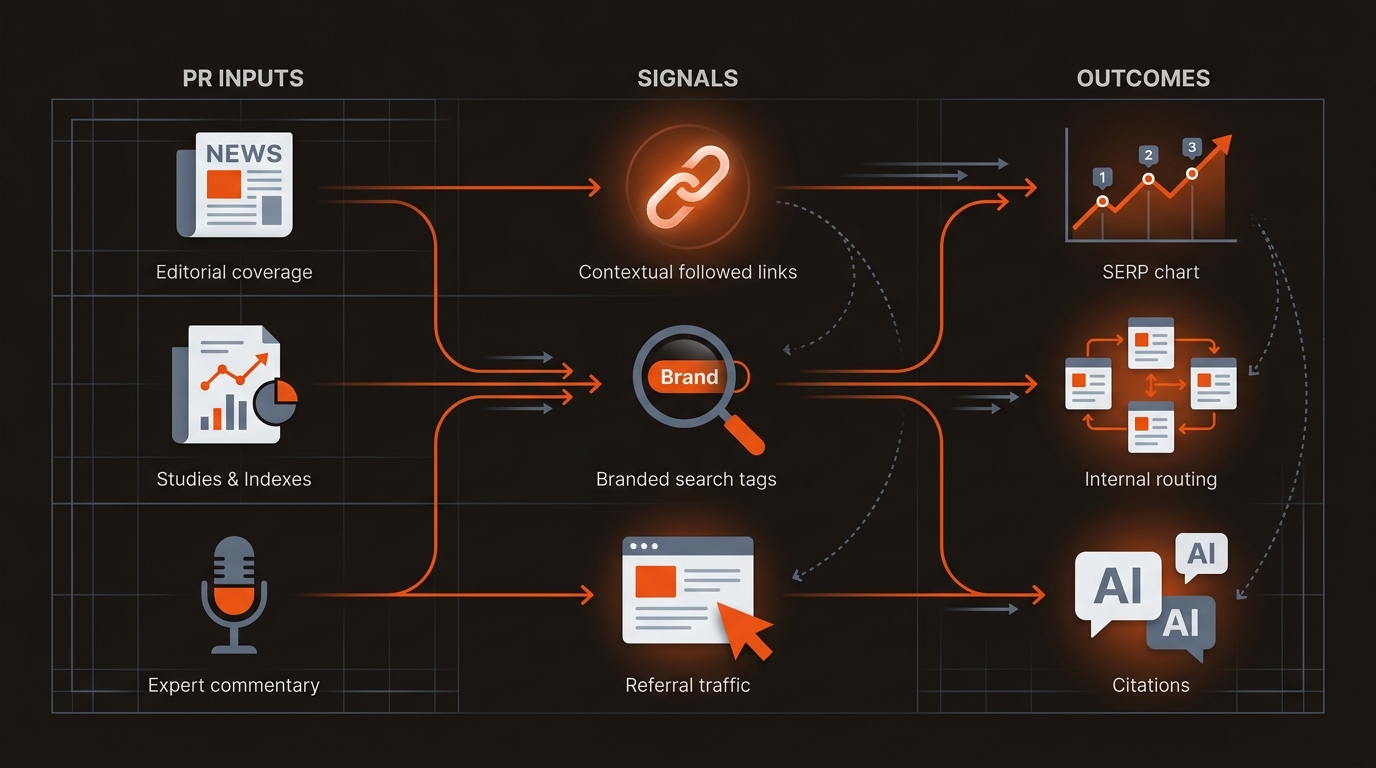 A modern left-to-right flow diagram showing digital PR inputs feeding signals like followed links and branded search, which lead to outcomes such as higher rankings and AI citations, using a dark charcoal background with orange and slate-blue accents.