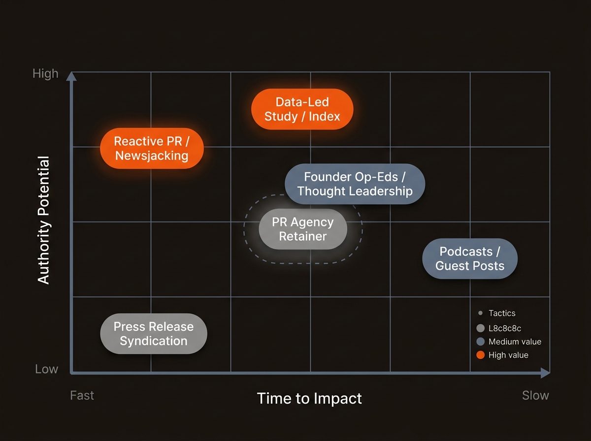 A dark-themed matrix chart mapping digital PR tactics by authority potential versus time to impact, with data-led studies and reactive PR in the high-authority or fast quadrants and press release syndication in low-authority, fast; styled in orange and slate-blue on a charcoal background.