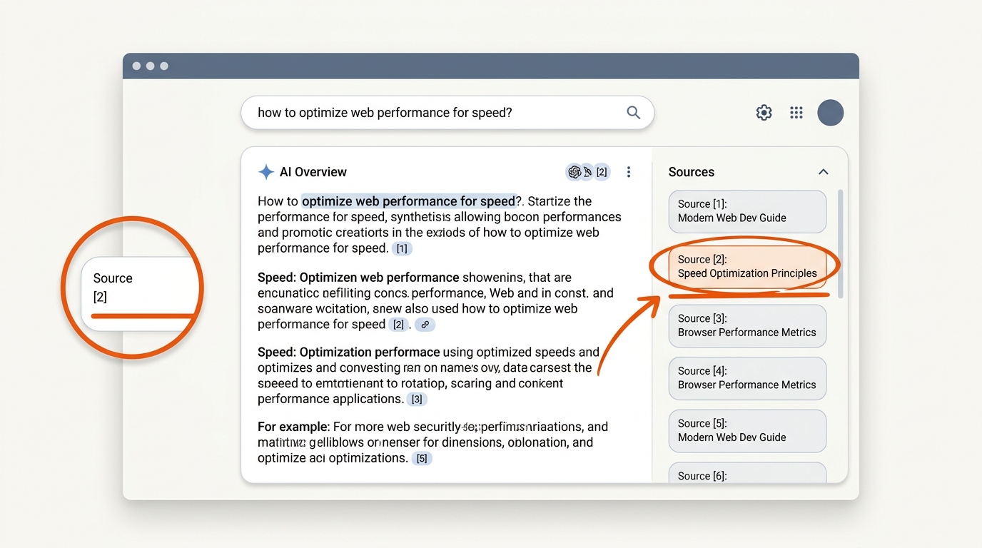 Clean vector mock of a search results page showing an AI overview box with multiple source citations, one citation highlighted in orange.