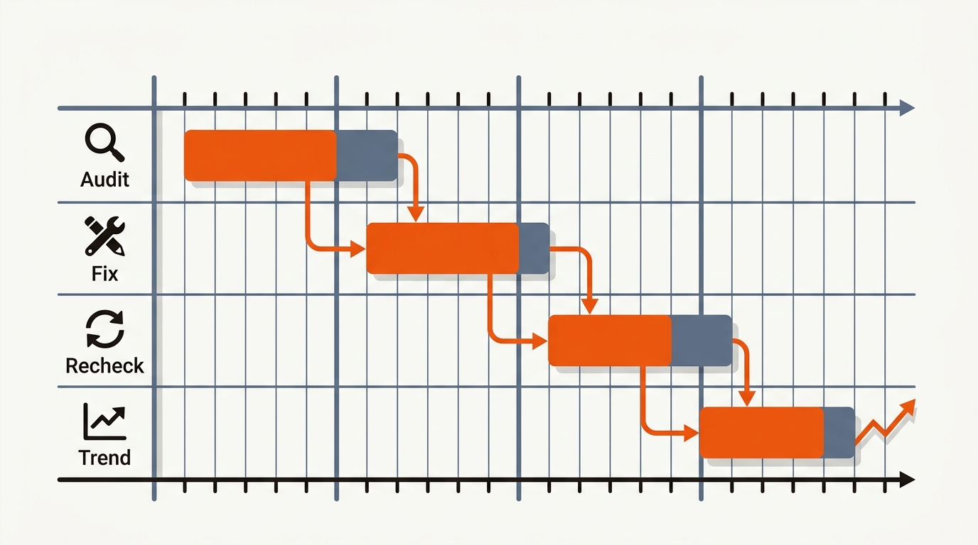 Vector Gantt-style timeline showing weekly phases—Audit, Fix, Recheck, and Trend—with orange task bars and rightward progression arrows.
