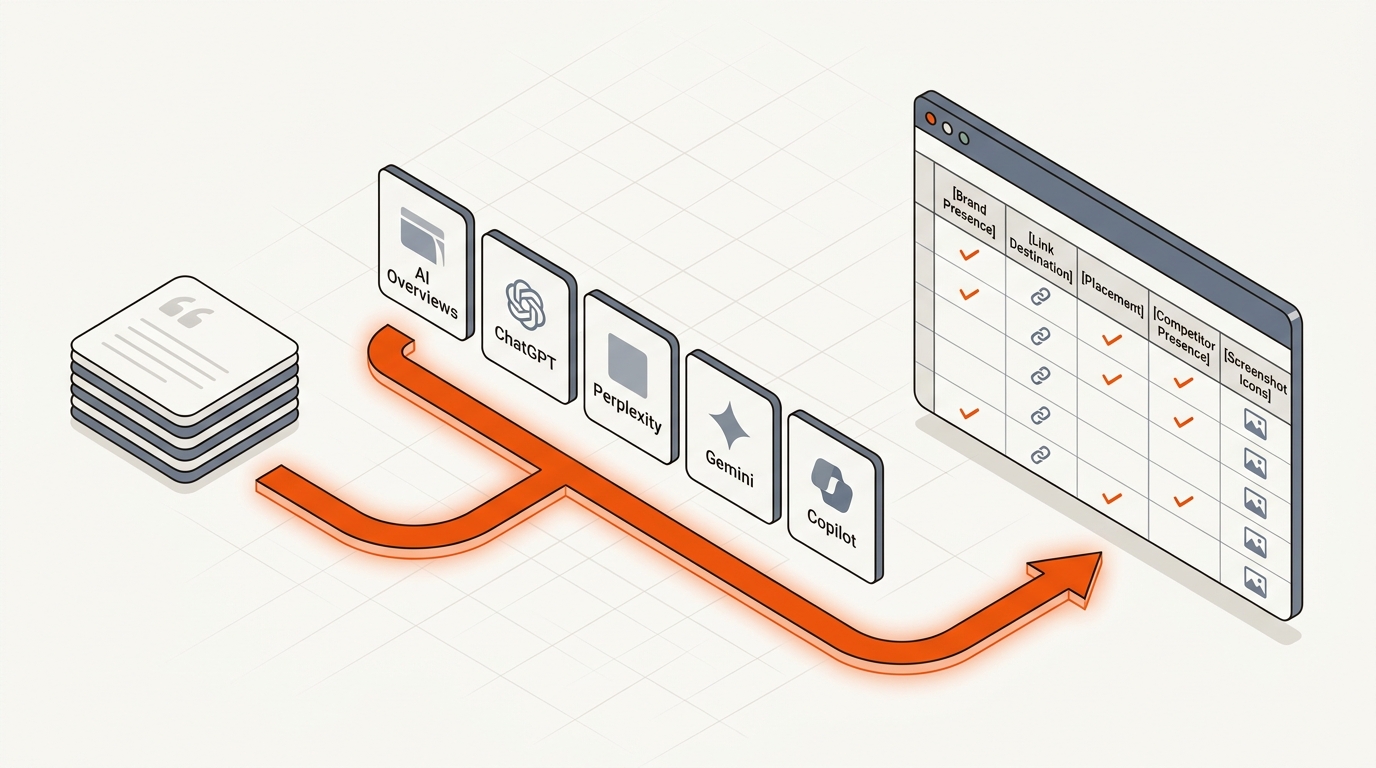 Semi-isometric flow diagram showing prompts feeding into multiple AI engines and ending in a results spreadsheet, connected by an orange arrow on an off-white background.