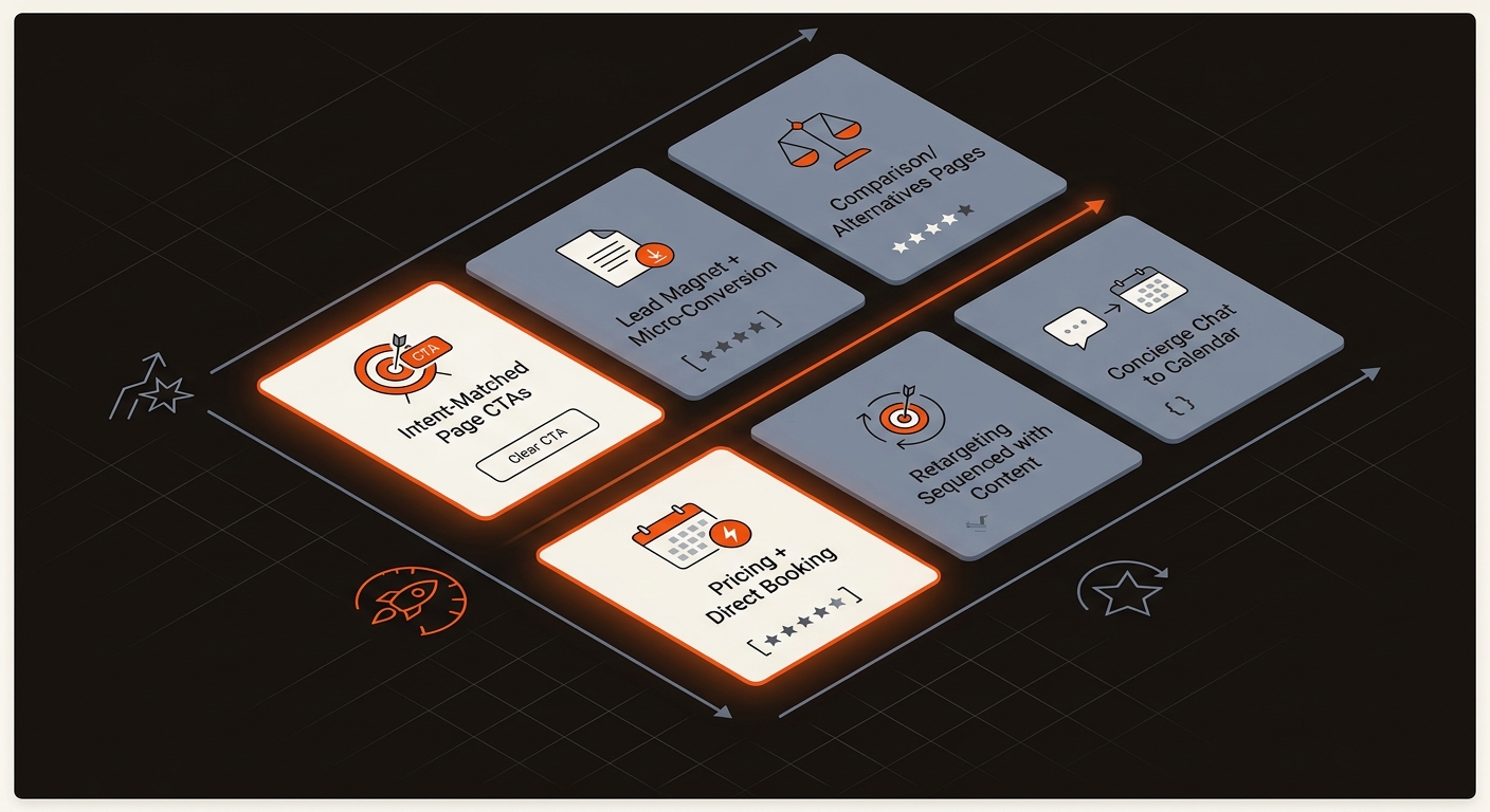 Strategic grid of six conversion approaches positioned by speed and benefit, with intent-matched CTAs and direct booking highlighted as fastest wins, in Mergeflo’s orange, charcoal, and slate palette.