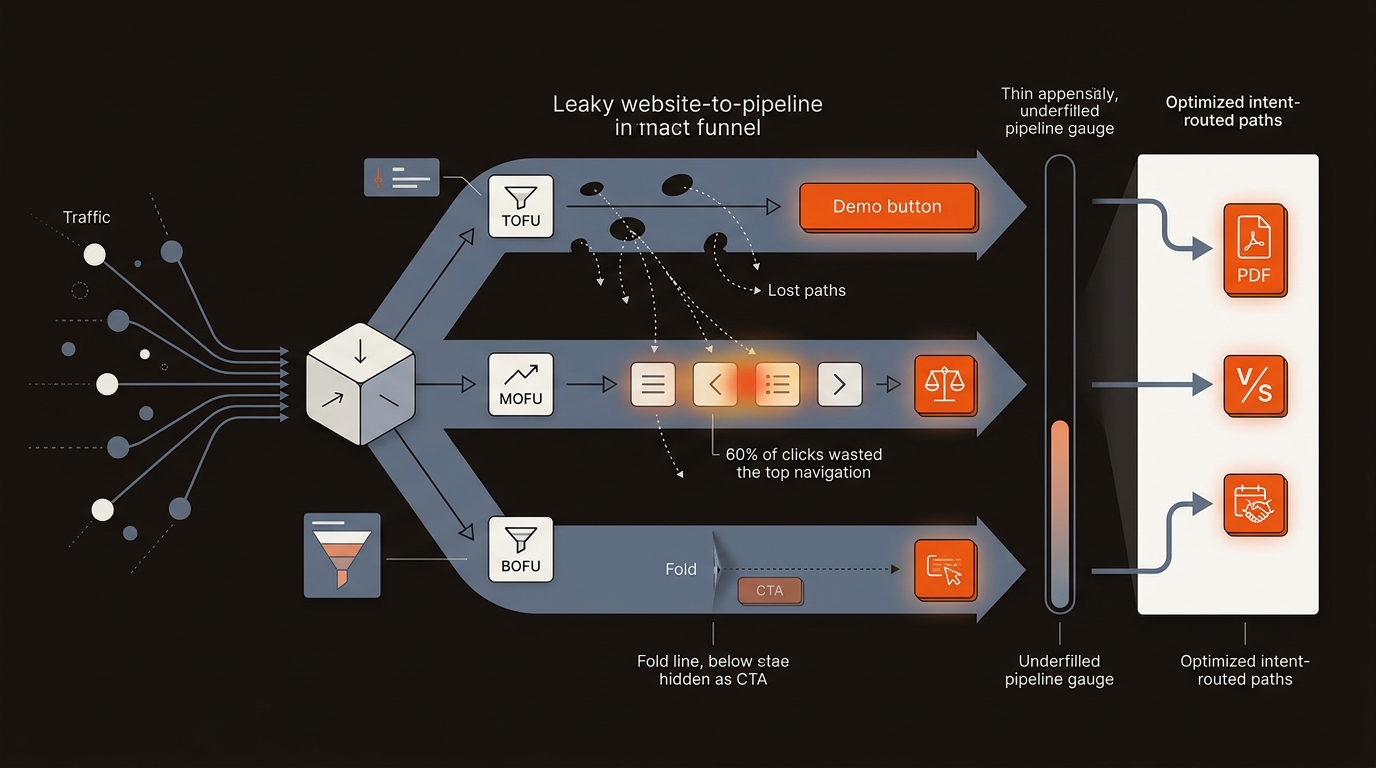 Isometric illustration of a leaky traffic-to-sales funnel showing misrouted TOFU/MOFU/BOFU paths and wasted nav clicks, contrasted with intent-aligned CTAs feeding a fuller pipeline in Mergeflo brand colors.