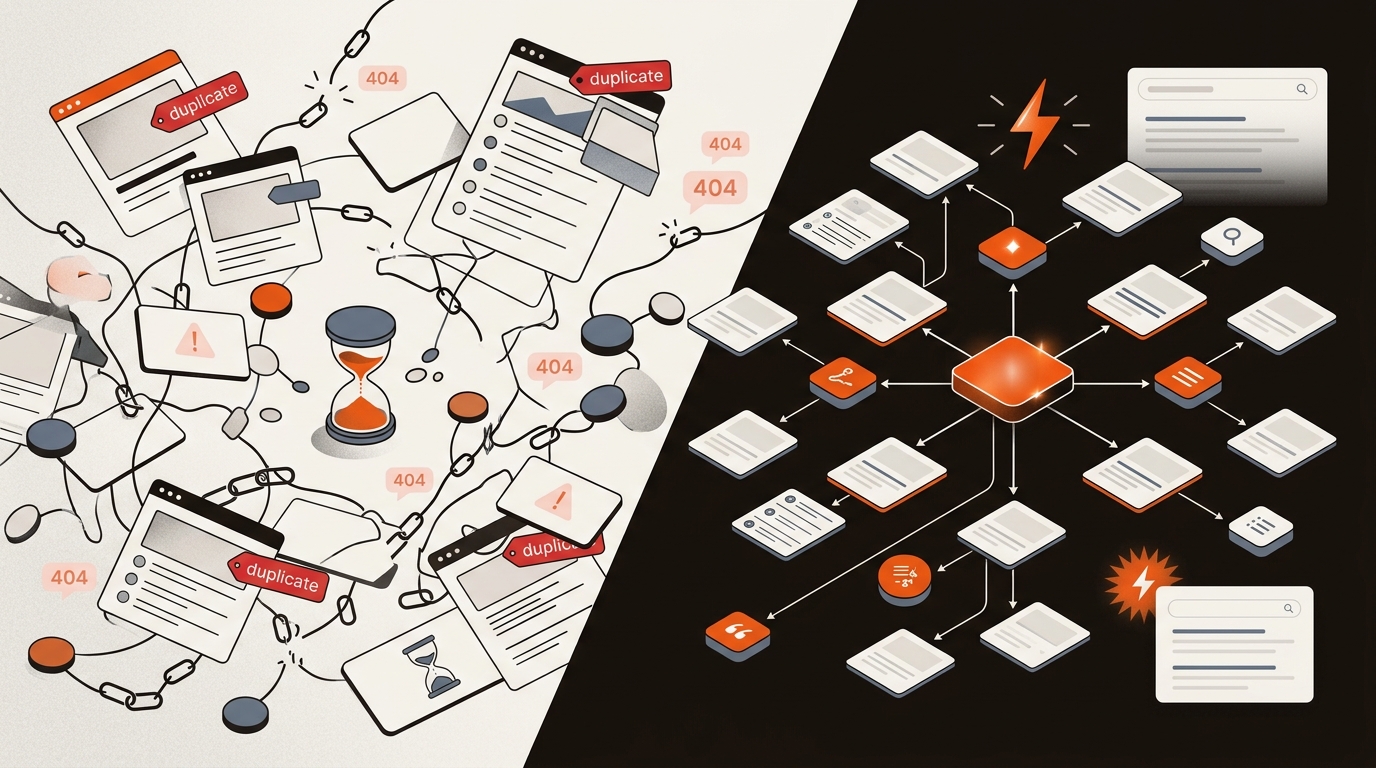 Split illustration showing chaotic, unlinked pages and crawl issues on the left contrasted with a clean hub‑and‑spoke content cluster with internal links and schema on the right, in brand colors.