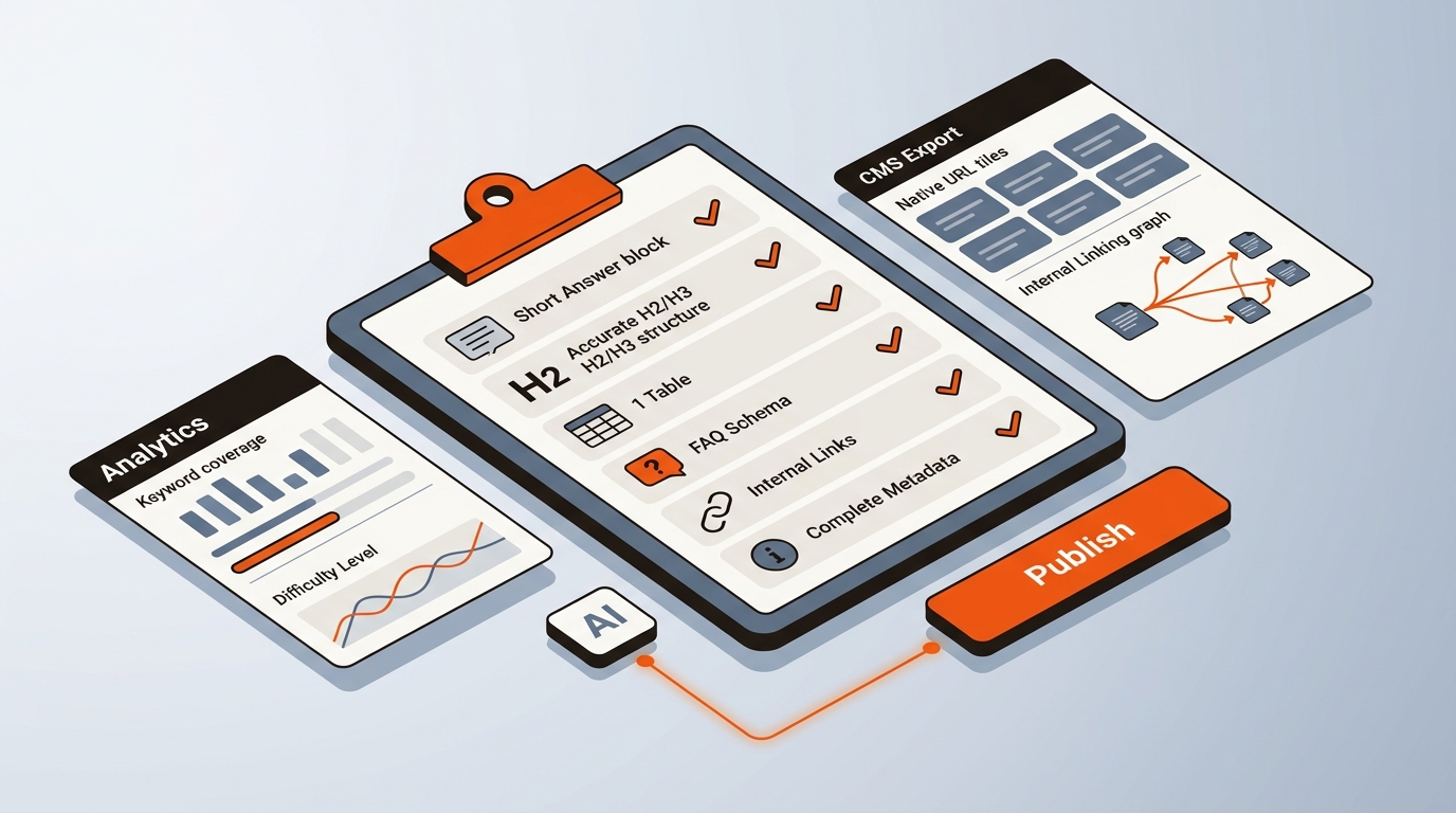 Isometric dashboard showing a checklist and scoring panels for a 10‑URL sprint, with icons for Short Answer, headings, table, FAQ schema, links, and a Publish button—illustrating a structured workflow test.