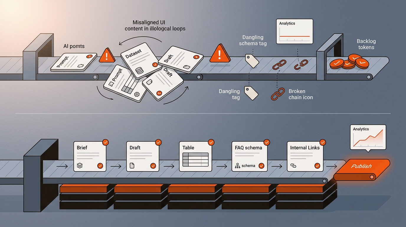 Split illustration of two content pipelines: a chaotic AI-only lane with broken schema and links above a smooth hybrid lane anchored by a CMS, flowing structured briefs, tables, and FAQs to publish.