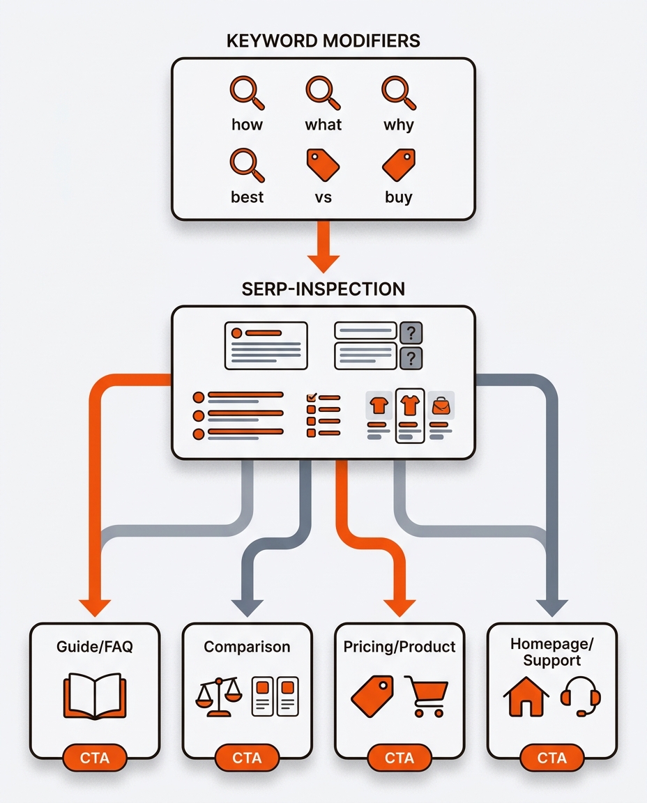 Decision tree showing keyword modifiers flowing into a SERP check and branching to recommended page types and matching CTAs.