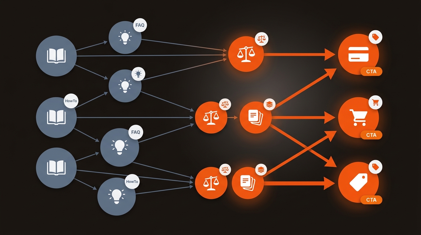 Cluster diagram connecting informational guides to commercial comparison pages and onward to transactional product or pricing pages, with directional links and CTA highlights.