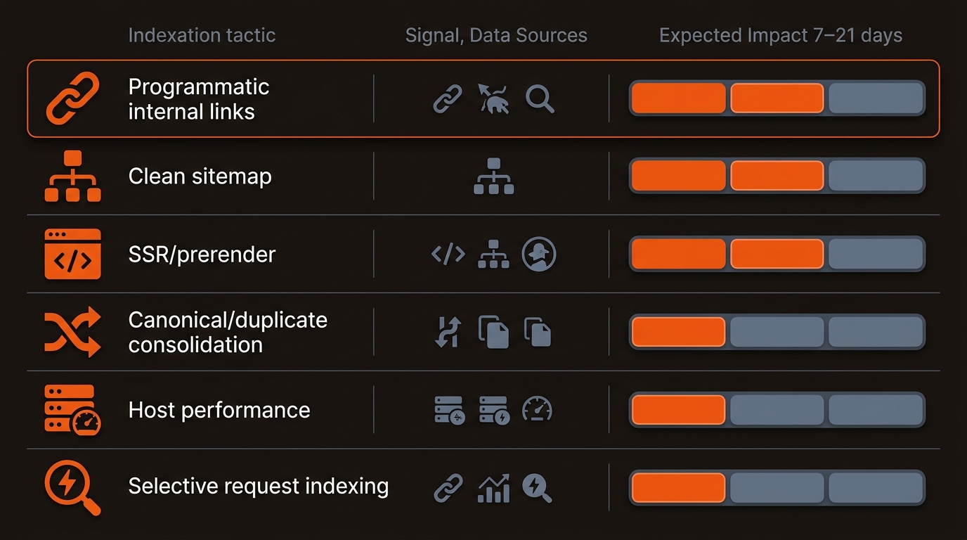 Dark UI grid comparing SEO indexation fixes using icons and orange impact bars to show relative effect, styled in Mergeflo’s brand palette.