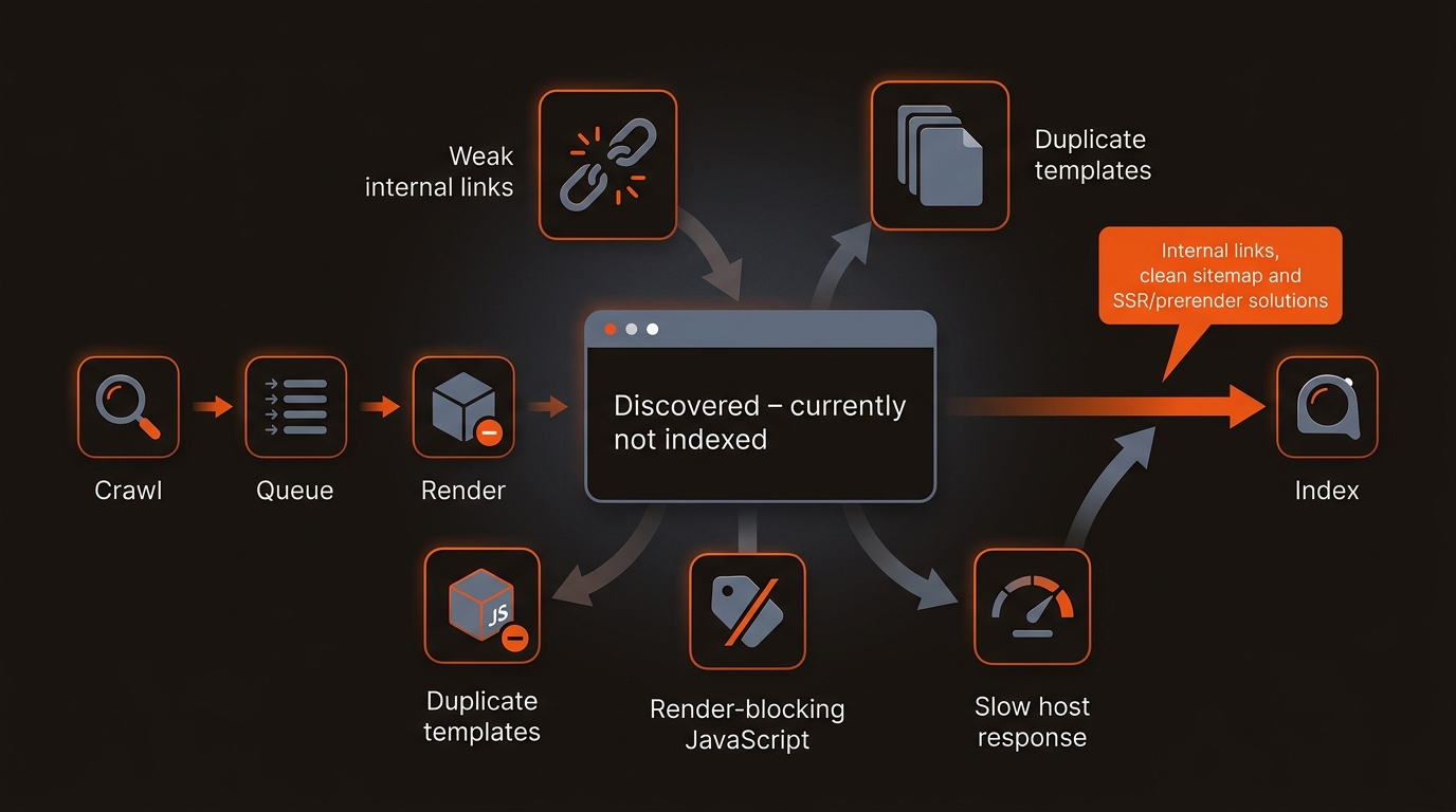 Conceptual crawl-render-index pipeline with icons for weak internal links, duplicate content, render-blocking JavaScript, noindex/canonical conflicts, and slow hosting that stall indexing, styled in Mergeflo’s dark, orange, and slate brand colors.