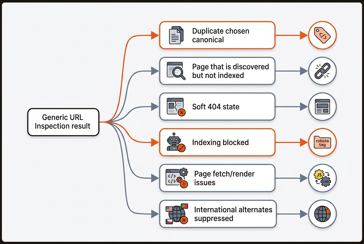 Flowchart branching from a URL Inspection result into specific diagnostic paths with icons for canonical, internal links, content, robots, rendering, and hreflang.