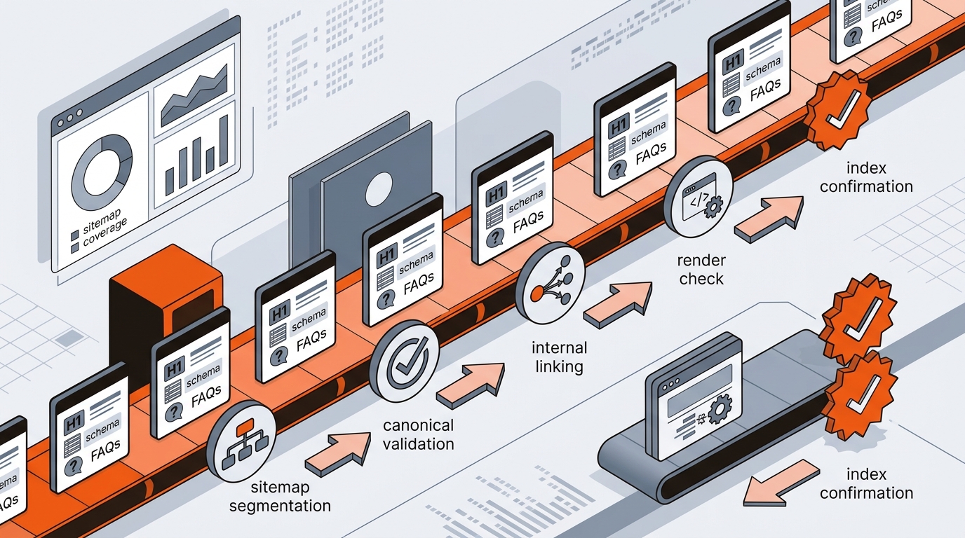 Semi-isometric illustration of a content-to-index pipeline with checkpoints for sitemaps, canonicals, internal links, rendering, and an index confirmation.