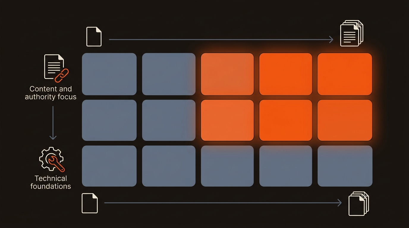 Abstract heatmap grid showing how priorities shift from technical foundations to content and authority as a site grows from a small to a large content library.