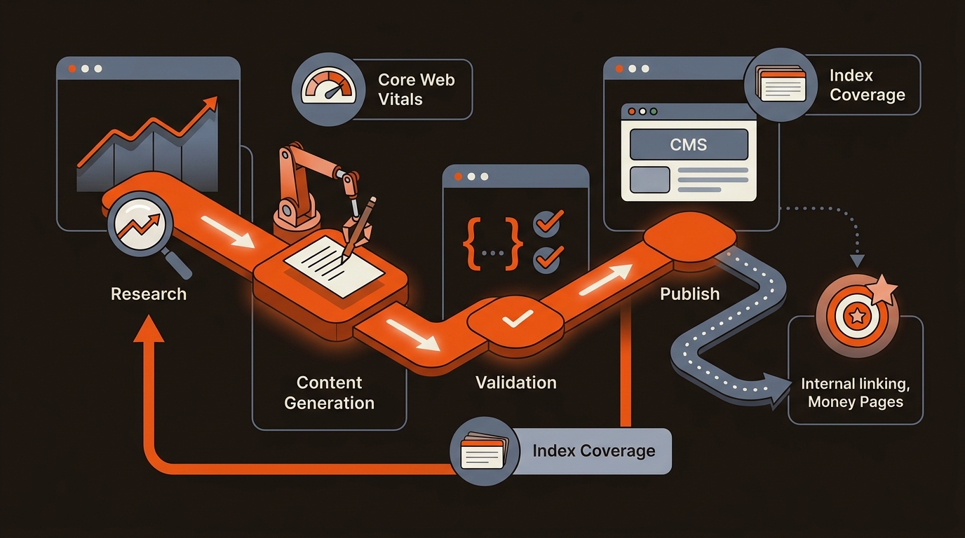 Abstract workflow pipeline showing automated SEO: research, content creation, schema validation, publishing, internal linking to key pages, and a continuous improvement loop.