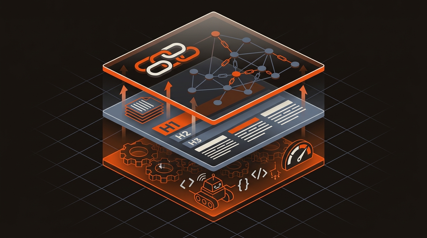 Stacked, layered illustration showing technical infrastructure at the base, content relevance in the middle, and link authority on top, conveying how technical SEO supports broader SEO.
